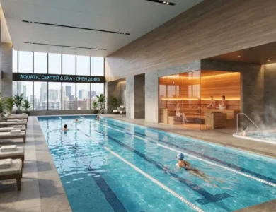 Gyms with Pools, Gyms with Pools near me, Swimming Pools, Gym Amenities, Saunas, Hot Tubs, LA Fitness, Life Time, Recovery, Gyms with Pools, Indoor swimming pool at LA Fitness, luxury gym sauna with glass door, hot tub jets bubbling, person swimming laps in gym pool, Life Time outdoor pool slide