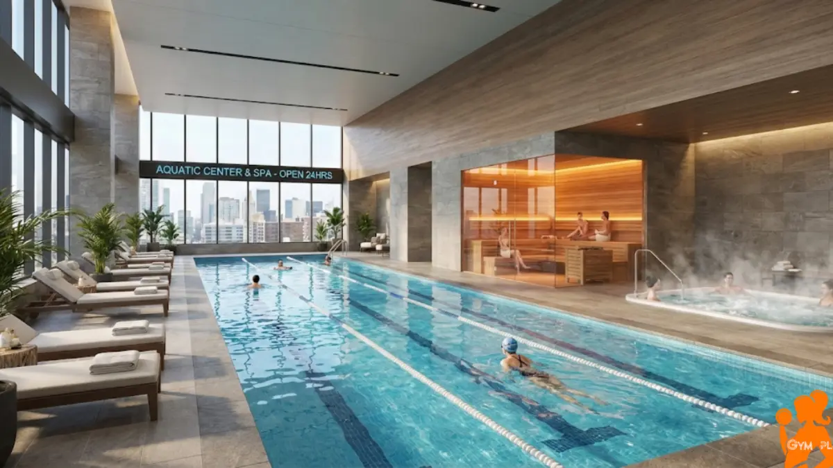 Gyms with Pools, Gyms with Pools near me, Swimming Pools, Gym Amenities, Saunas, Hot Tubs, LA Fitness, Life Time, Recovery, Gyms with Pools, Indoor swimming pool at LA Fitness, luxury gym sauna with glass door, hot tub jets bubbling, person swimming laps in gym pool, Life Time outdoor pool slide